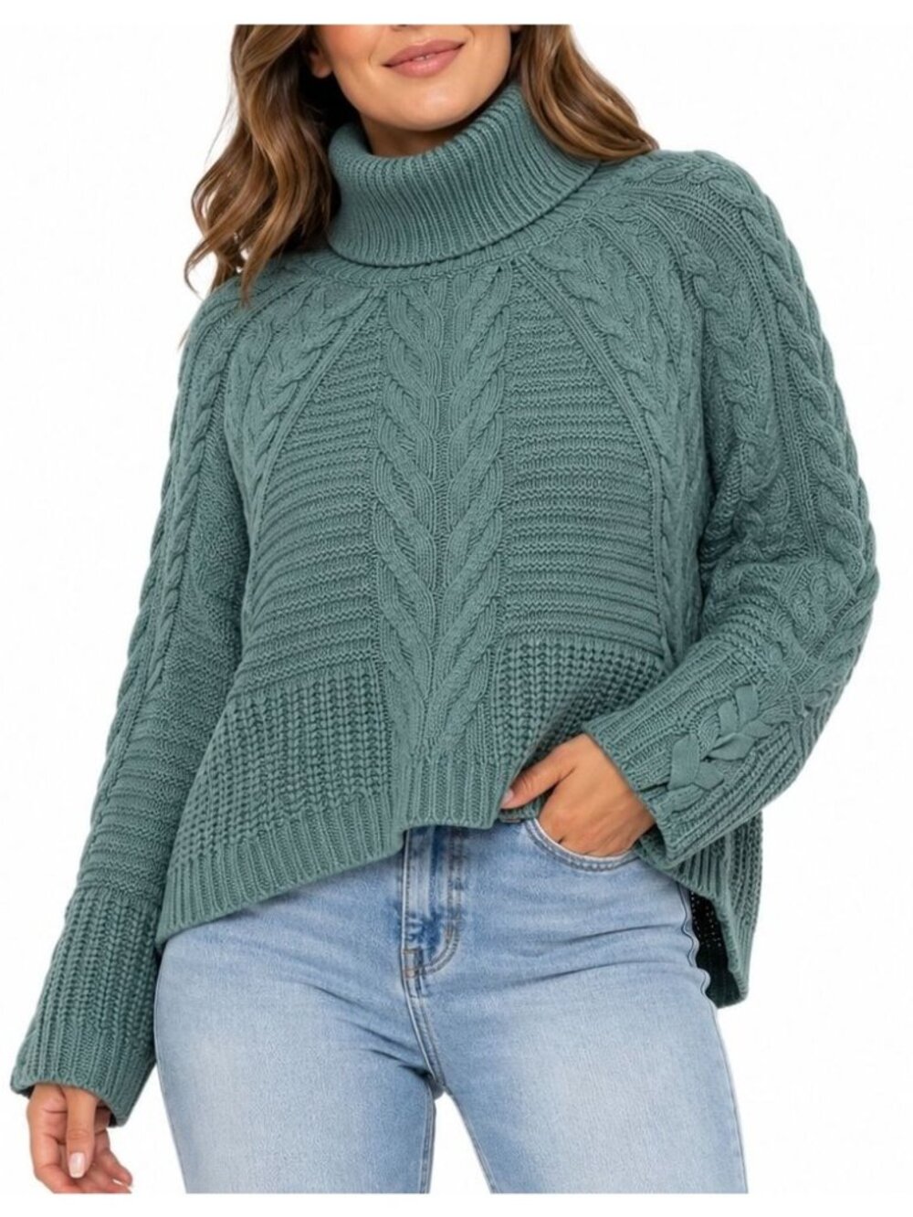 Express Sweater Womens L Petite Sage Crop Boxy Turtleneck Fisherman Y2K Cottage